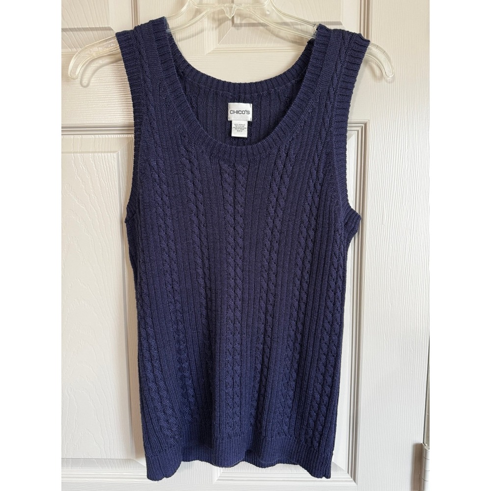 Chico's Blue Cable Knit Sleeveless Sweater Tank Top Sz‎ 2 Laying Classic Coastal
